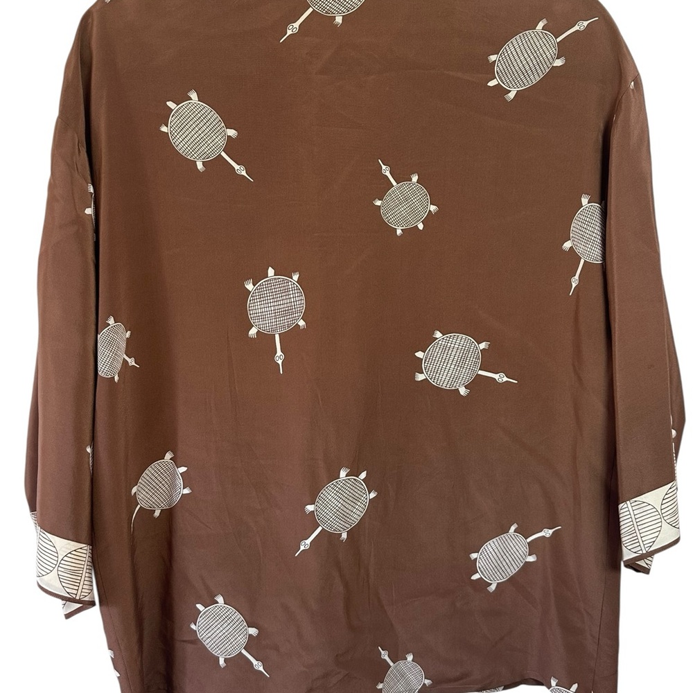 Agatha Brown 100% Silk‎ Button Blouse Chest Pockets Vintage Turtle Print Size 6 - Picture 3 of 4